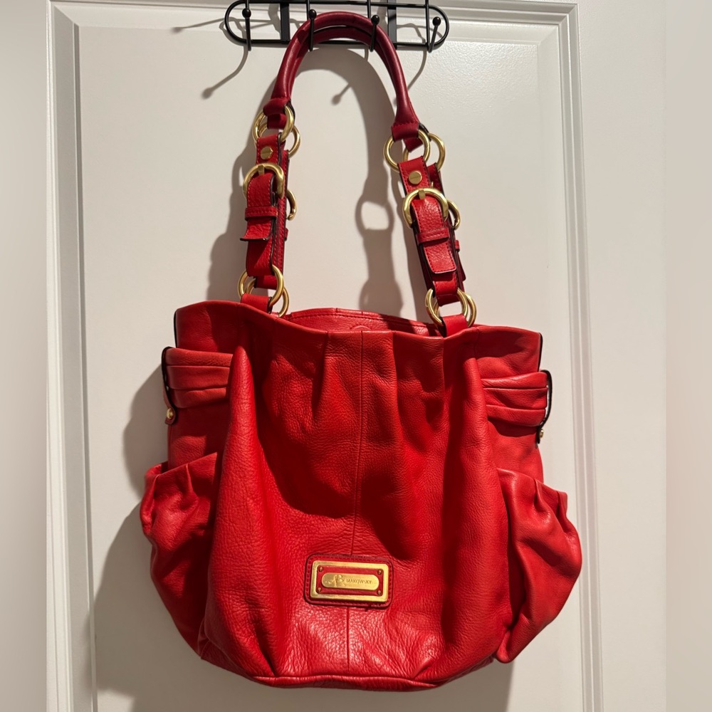 B. Makowsky Red Leather Shoulder Bag with Gold Accents